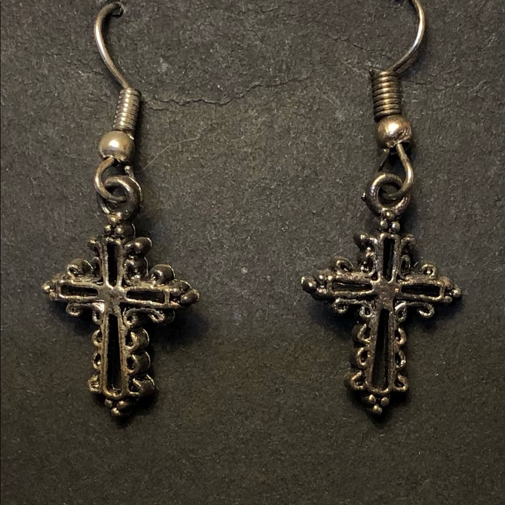 Handmade silver colored filigree cross earrings